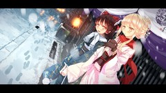 Snow winter dress red eyes gloves kimono buildings lanterns 