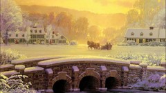 Snow winter Horses paintings Bridges houses sunlight sleds