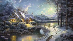Snow winter moon white Christmas moonlight cottage Thomas 