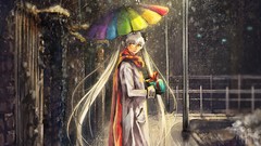 Snow winter night glasses Umbrellas railing white hair gloves 