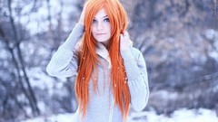 Snow winter woman orange outdoors blue eyes redheads upscaled 