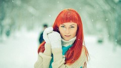 Snow woman orange mittens blue eyes cyan redheads sweaters