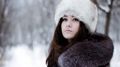 Snow woman white background hats coat long hair brunettes fur 