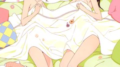 Socks beds blush anime girls blue eyes brown eyes black hair 