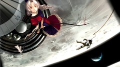 Space weapons dress astronauts hats white hair sitting planets 