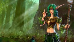 Staff world of warcraft green hair forests artwork video games 