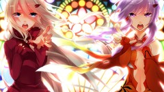 Stained glass navel red dress pink hair anime girls blue eyes 
