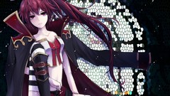 Stained glass Shorts red eyes sitting coat long hair boots 