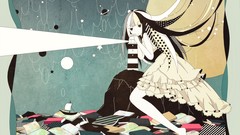 Stars Books ships dress long hair anime girls lighthouses 