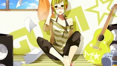 Stars clouds text paper headphones glasses sitting blouse 