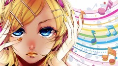 Stars headphones faces blondes anime girls blue eyes short hair 