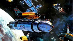 Stars moon paintings planets spaceships science fiction outer 