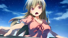 Stars red eyes anime girls brunettes skies open mouth hair 