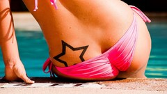 Stars woman ass tattoos swimming pools pink bikinis poolside 