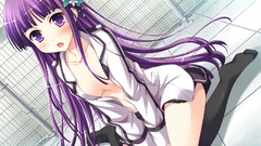 Stockings skirts embarrassment school uniforms purple hair game 