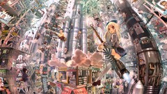 Stripes buildings blondes cities anime girls brooms original 