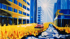Sun cars paintings buildings cityscapes artwork traditional art 