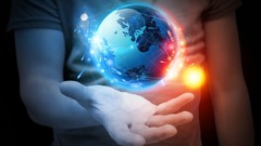 Sun fire hands Earth artwork Global illumination