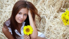 Sunflowers woman rye hay outdoors brunettes models straws Irina 