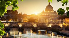 Sunrise leaves nature Trees water sun clouds Rome Italy 