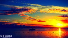 Sunrise sunset Sea Trees yellow water sun blue ocean red orange 