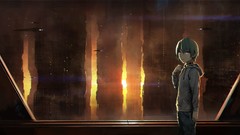 Sunset Anime buildings drawings pink eyes short hair vessel 