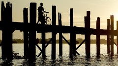 Sunset Asia silhouettes lakes Bicycles travel Myanmar