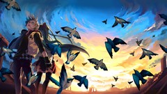 Sunset Birds Anime glasses skirts long hair anime girls blue 