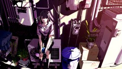 Sunset black garbage Plants socks outdoors skirts smiling anime 