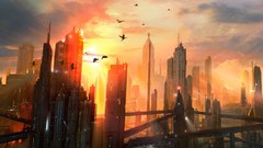 Sunset cityscapes futuristic architecture