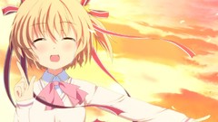 Sunset clouds Anime tears artist Ribbons blondes anime girls 