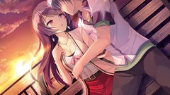 Sunset clouds sky bench blush pink eyes natsume eri purple hair 