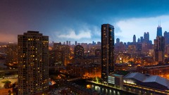 Sunset clouds Skyscrapers Chicago City Lights Downtown 