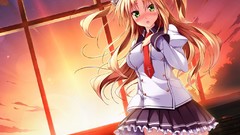 Sunset clouds tie stockings blondes blush long hair green eyes 