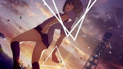 Sunset clouds triangles socks schoolgirls skirts anime girls 