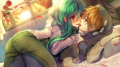 Sunset Flowers clouds blush long hair anime girls brown eyes 