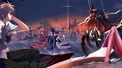 Sunset fog clouds blood Anime glasses ruins statues white hair 