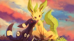 Sunset grass clouds sky purple Anime red eyes Pokemon brown 