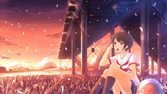 Sunset grass clouds socks crops sitting fields schoolgirls 