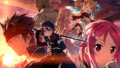 Sunset groups weapons Katana Anime red eyes blondes pink hair 