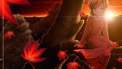 Sunset leaves nature Trees clouds autumn dress goddess sitting 