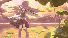 Sunset leaves water clouds rain sky moon hats blondes anime 