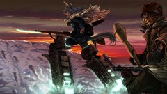 Sunset Mountains clouds Machines weapons Army USSR hats 