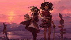 Sunset nature Mountains pink hats binoculars Maps coat belts 