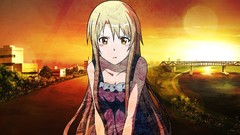 Sunset nature water Anime dress cities anime girls brunettes 