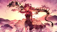 Sunset roses Dragons dress red eyes red dress sunlight anime 