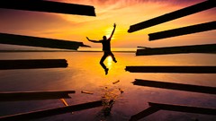 Sunset Sea Trees jump silhouettes planks jumping