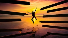 Sunset Sea Trees jump silhouettes planks jumping