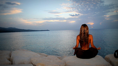 Sunset Sea woman meditation Beaches blondes