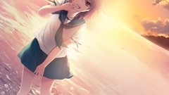 Sunset Sea yellow water clouds red eyes schoolgirls sunlight 